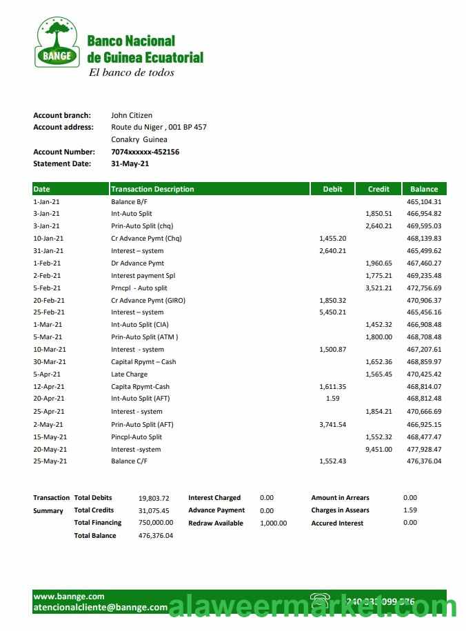 Equatorial Guinea The National Bank statement template in Excel and PDF format